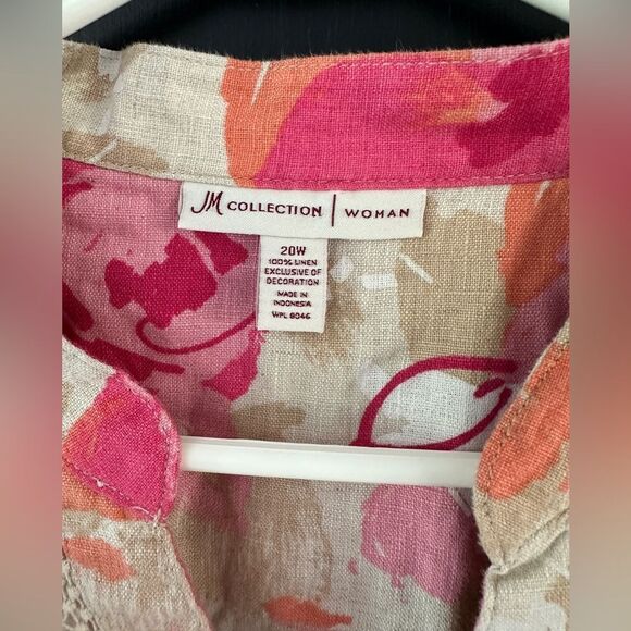 NWT JM Collection Tan & Pink 100% Linen Floral V-Neck Blouse Top Shirt Size 20W - Picture 3 of 6